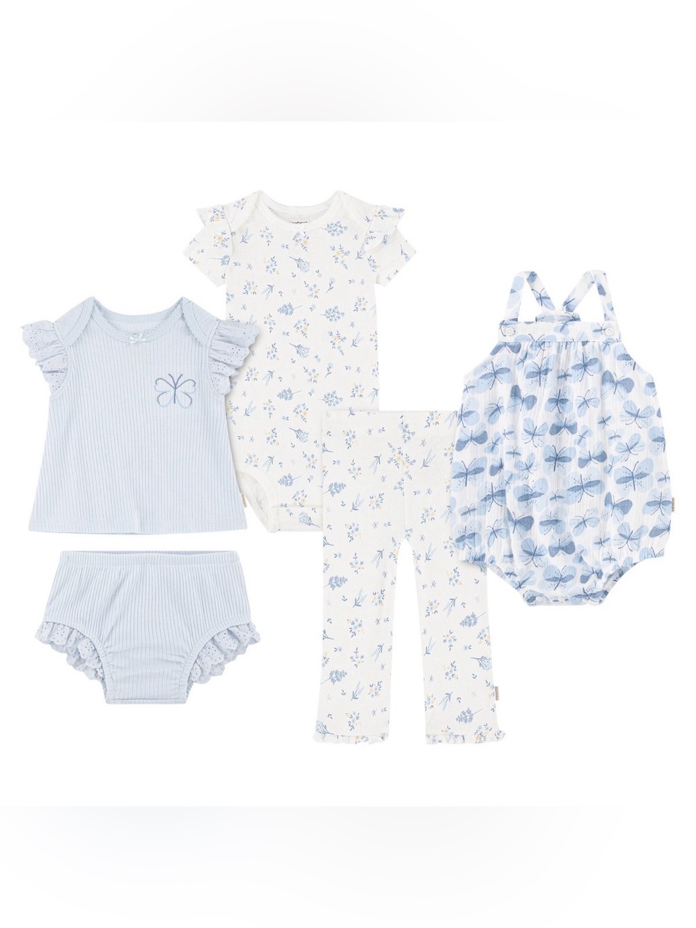 Baby Girls 5-Piece Blue Floral & Stripe Pajama Set